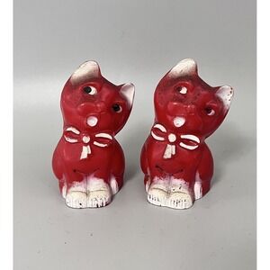 Vintage Red 1950's Celluloid Plastic Kitty Cat Salt & Pepper Shaker Set MCM
